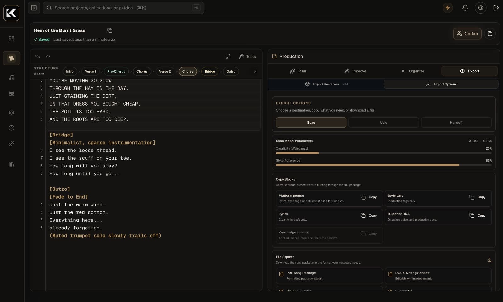 Kordra export options with Suno model parameters, copy blocks and file export packages.