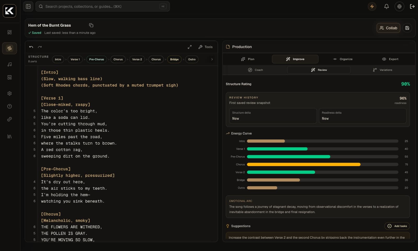 Kordra song review showing structure rating, energy curve and readiness feedback for a draft song.