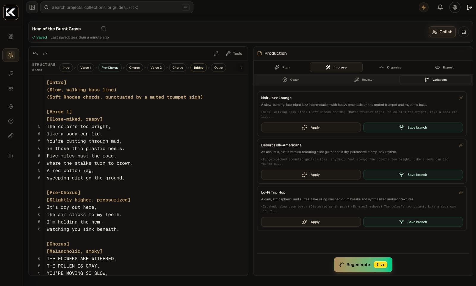 Kordra variations editor with structured lyric sections and AI-generated style branches ready to apply or save.